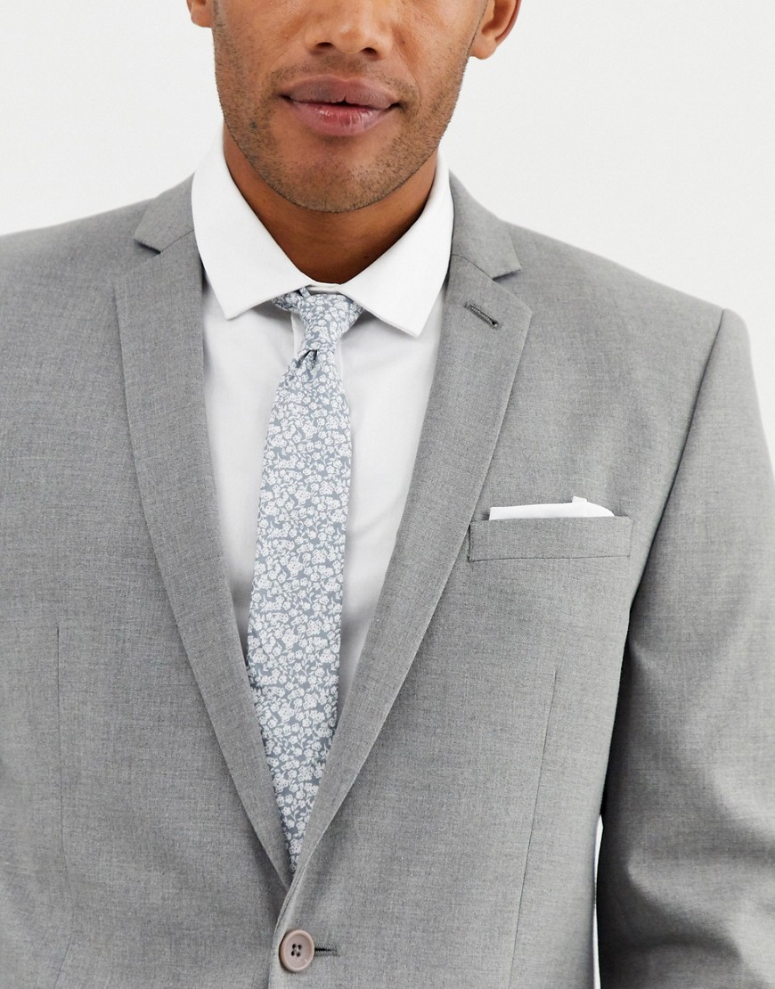 ASOS DESIGN - Cravatta sottile e fazzoletto da taschino grigio a fiori