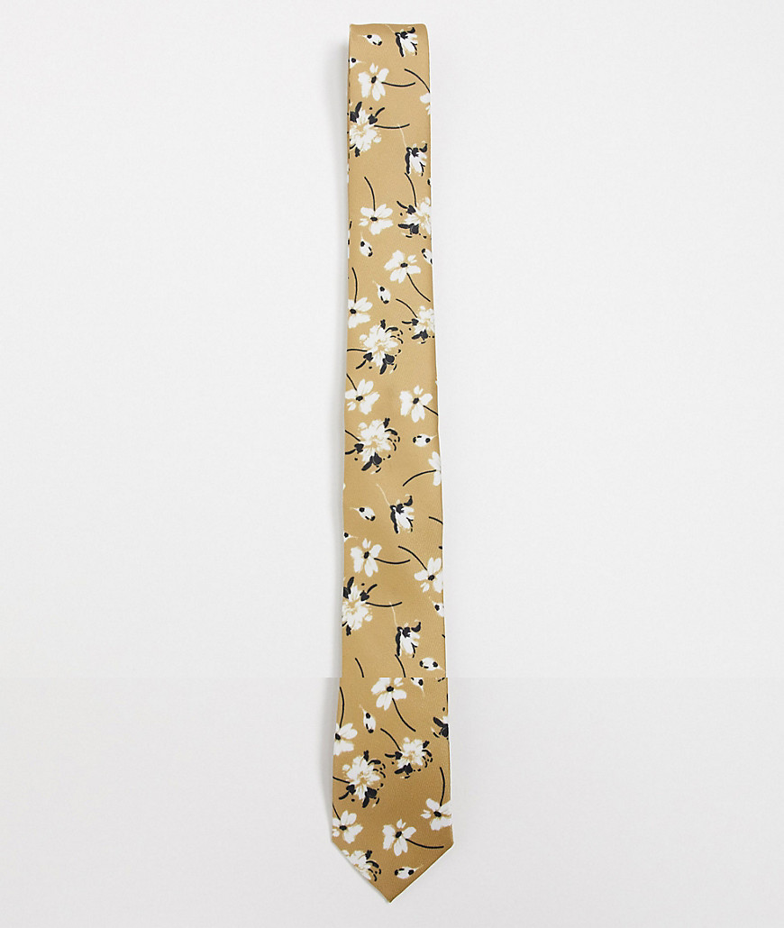 ASOS DESIGN - Cravatta sottile e fazzoletto da taschino grigio pietra a fiorellini-Beige