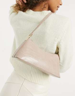 Asos Design Cream Croc Effect Shoulder Bag With Hardware Tabsneutral