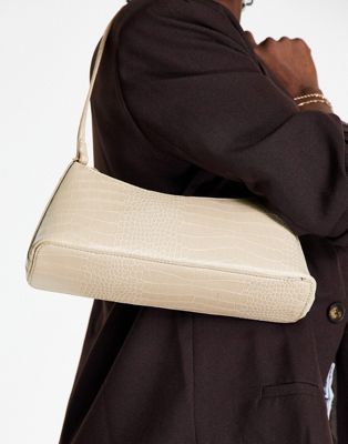 ASOS DESIGN cream croc effect shoulder bag with hardware tabs | ASOS