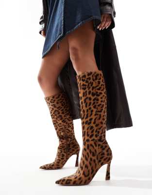 ASOS DESIGN ASOS DESIGN Create heeled leather knee boots in leopard-Multi