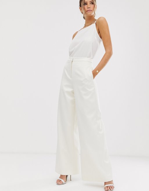 ASOS DESIGN - Cremefarvede bryllupsbukser i satin med vide ben
