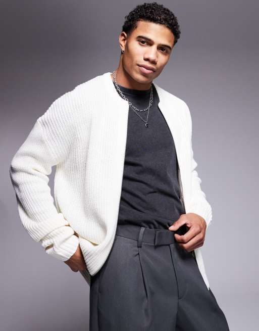 ASOS DESIGN - Cremefarvet, afslappet og ribstrikket sømandstrøje med bomber-design og lynlås