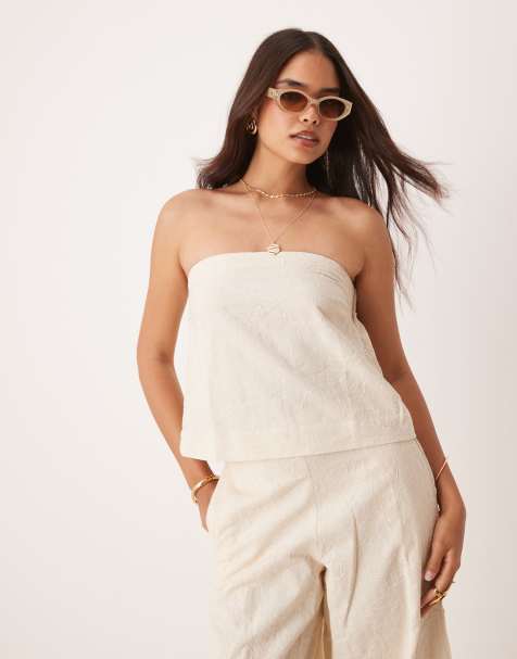 ASOS DESIGN - Cremefarvet bandeau-top med broderidetaljer - Del af sæt - view 1