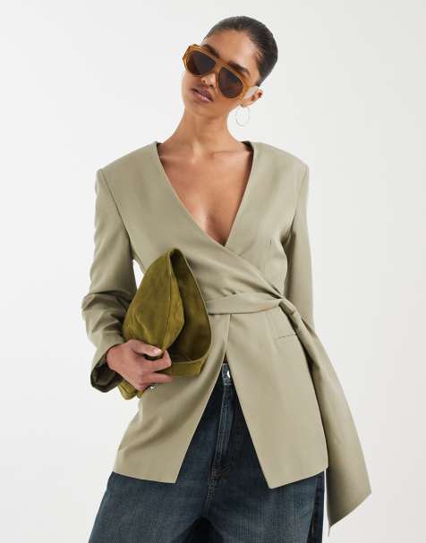 ASOS DESIGN - Cremefarvet blazer i hørlook med rund hals og polkaprikker - view 1