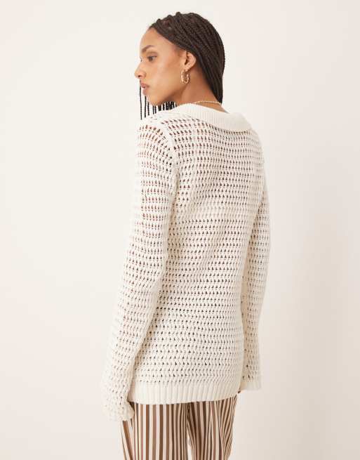 ASOS DESIGN - Cremefarvet cardigan med slids fortil og hulmønster, 2 af 4
