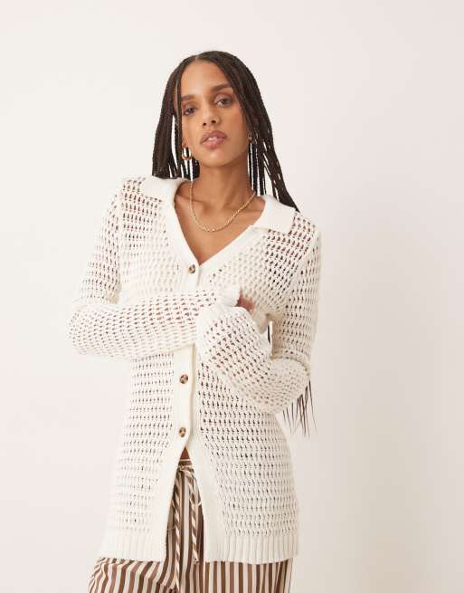 ASOS DESIGN - Cremefarvet cardigan med slids fortil og hulmønster, 3 af 4