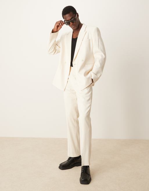 ASOS DESIGN - Cremefarvet dobbeltradet Slim Fit-jakkesæt i geometrisk jacquard