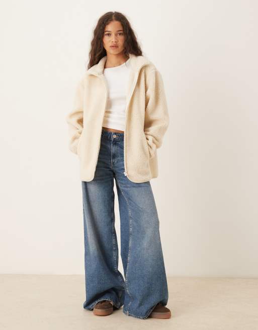ASOS DESIGN - Cremefarvet fleecetrøje med lynlås, 2 af 4