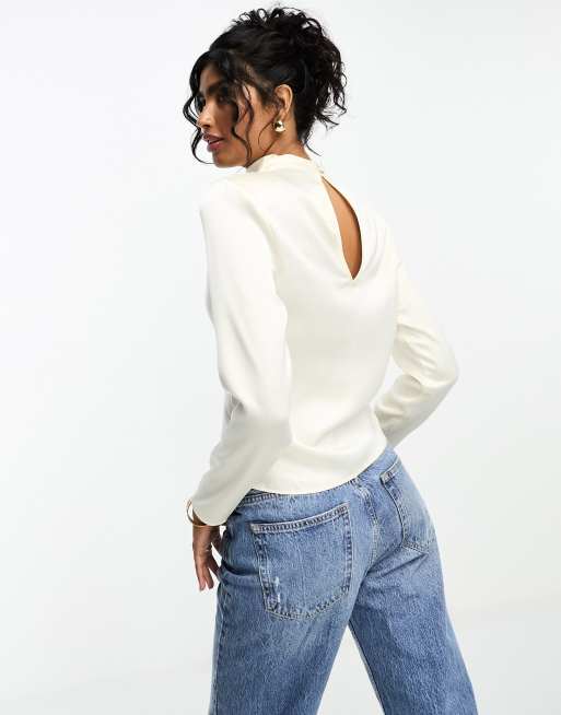 ASOS DESIGN - Cremefarvet højhalset bluse med skulderpuder, 3 af 4