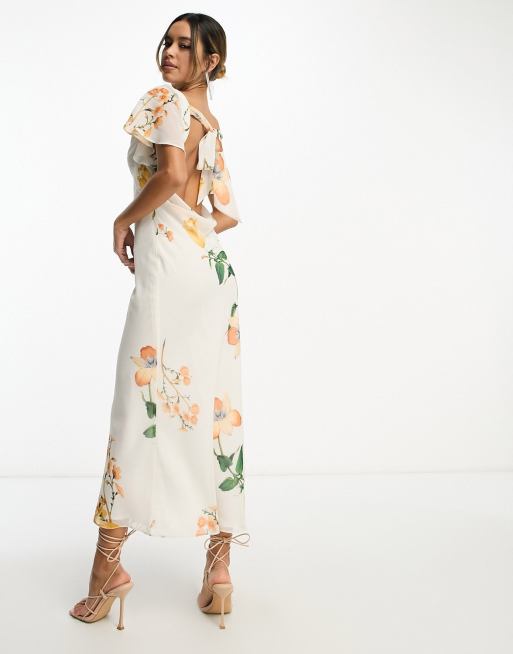 ASOS DESIGN - Cremefarvet midikjole med flagrende ærmer og vandfaldsudskæring i blomsterprint , 2 af 4