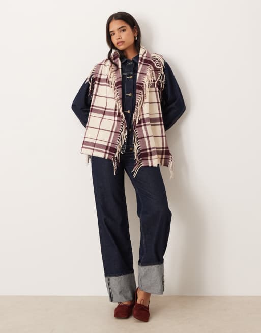 ASOS DESIGN - Cremefarvet og bordeauxrødt halstørklæde med tern og frynser i siderne, 2 af 3
