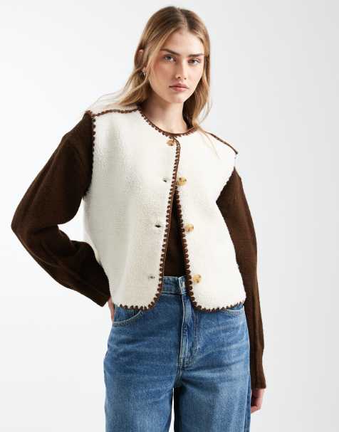 ASOS DESIGN - Cremefarvet og brun vest i plysstof med tungesting - view 1