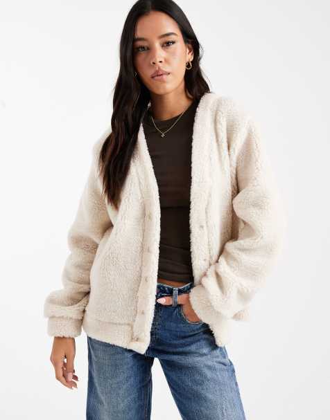 ASOS DESIGN - Cremefarvet oversized cardigan i fleece med imiteret lammeskind - view 1