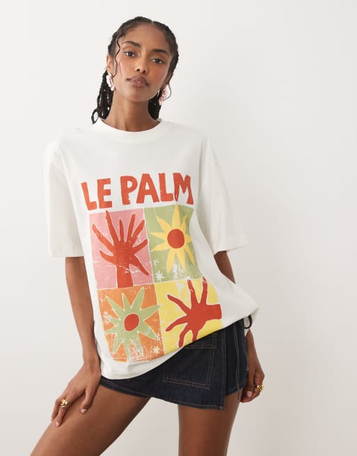 ASOS DESIGN - Cremefarvet oversized T-shirt med abstrakt "le palm"-grafik, 2 af 4