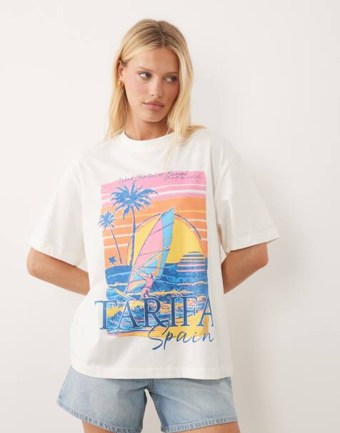 ASOS DESIGN - Cremefarvet oversized T-shirt med vintage Tarifa-feriegrafik - view 1