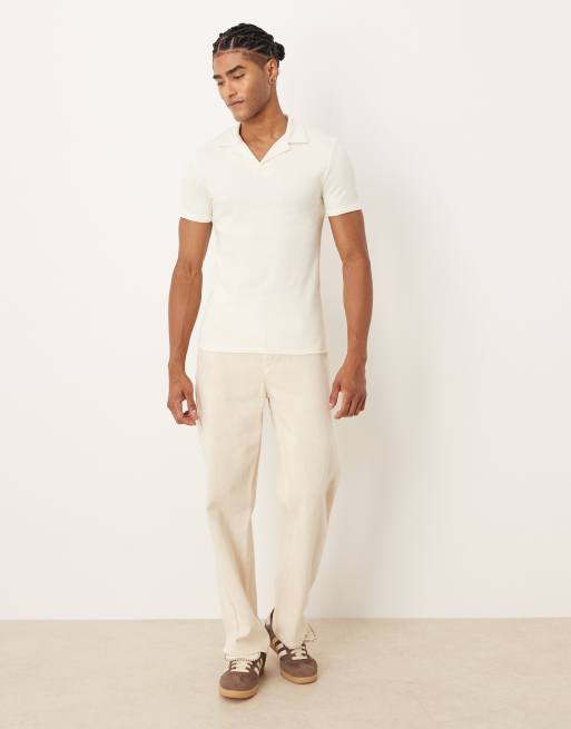 ASOS DESIGN - Cremefarvet ribstrikket tætsiddende polo med reverskrave, 2 af 5
