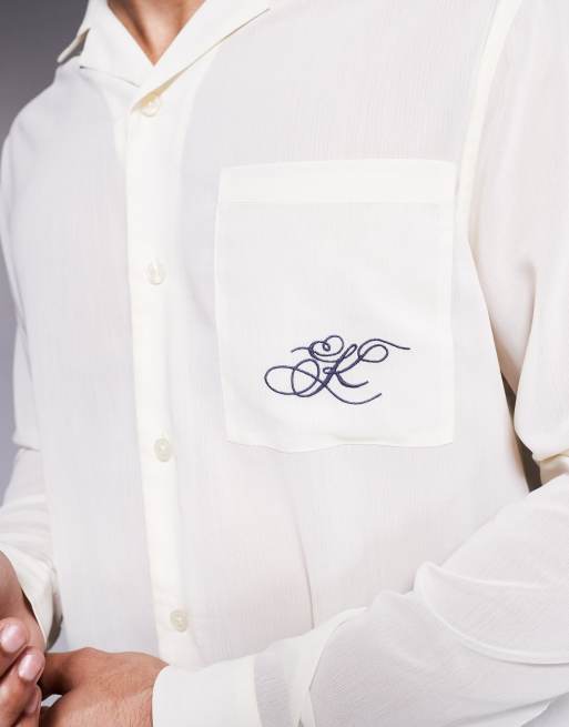 ASOS DESIGN - Cremefarvet skjorte med reverskrave og broderi over brystet, 2 af 4