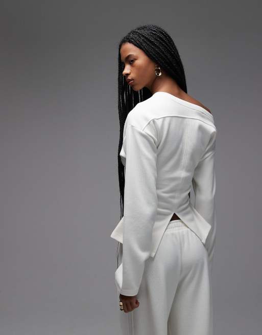 ASOS DESIGN - Cremefarvet superblød offshoulder T-shirt med korsettalje, 4 af 4