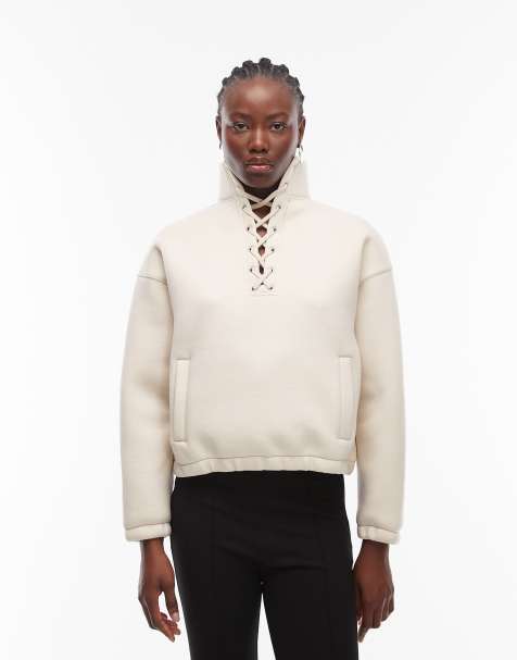 ASOS DESIGN - Cremefarvet sweatshirt med ståkrave og blondedetalje - view 1