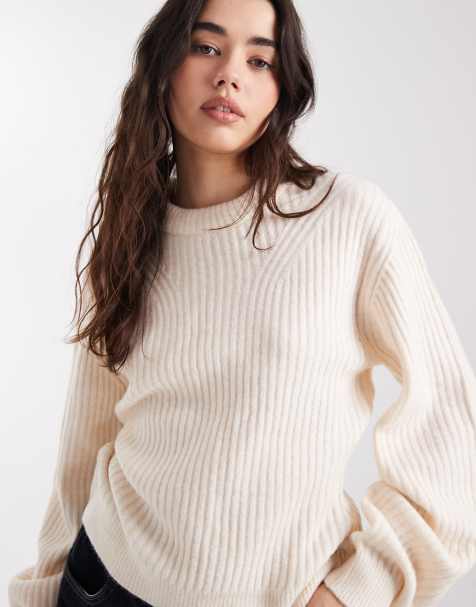 ASOS DESIGN - Cremefarvet trøje med ribber og fyldig sømkant i halsudskæringen - view 1