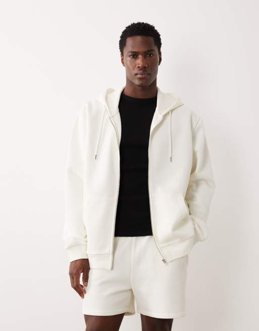 ASOS DESIGN - Cremefarvet sæt i pique med oversized shorts og sweatshirt med lynlås, 2 af 3