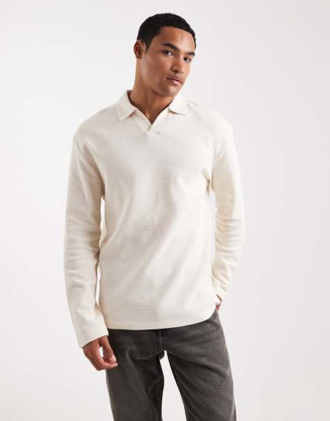 ASOS DESIGN - Cremehvid afslappet polo med vaffeltekstur og lange ærmer - view 1