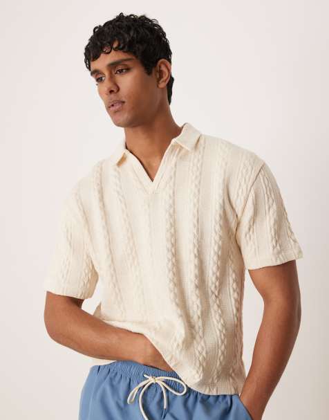 ASOS DESIGN - Cremehvid afslappet poloskjorte med kabelstrikket tekstur i kraftigt materiale i firkantet pasform - view 1