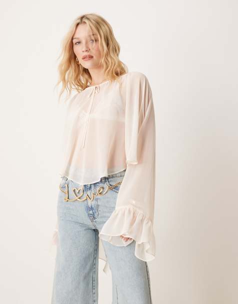 ASOS DESIGN - Cremehvid boho-bluse med brede ærmekanter og indsyede detaljer i chiffon - view 1
