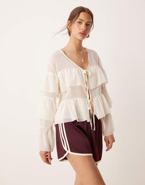 ASOS DESIGN - Cremehvid boho-bluse med flæser i chiffon - view 1