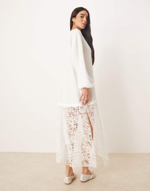 ASOS DESIGN - Cremehvid boho-tunika i forskellige stoffer med blonder, 4 af 4