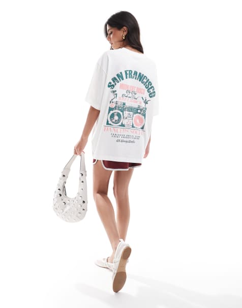 ASOS DESIGN - Cremehvid boyfriend-t-shirt med San Francisco Dance Music-print - view 1