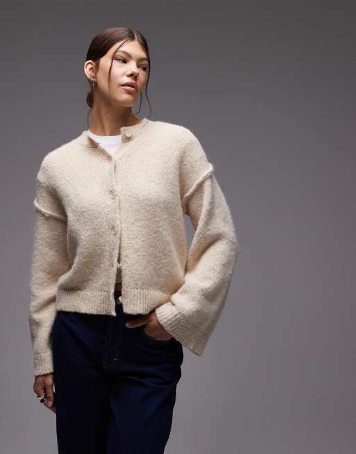 ASOS DESIGN - Cremehvid cardigan med synlige sømdetaljer i strikket uldblanding