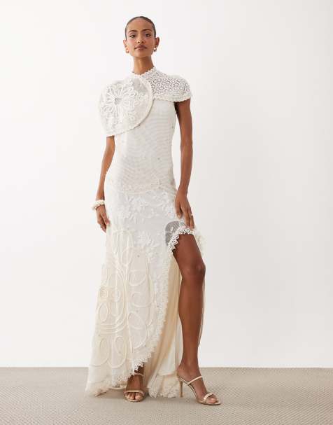 ASOS DESIGN - Cremehvid hæklet maxikjole med panelsyninger og spredte perler samt rhinstensudsmykning - view 1