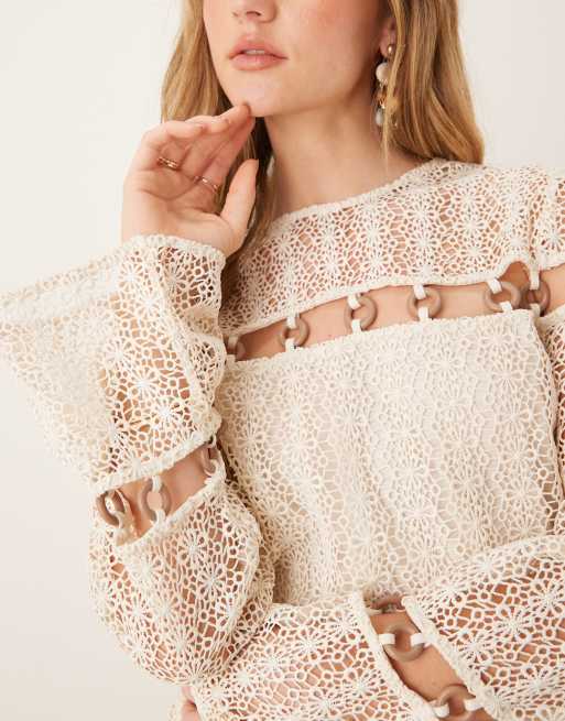 ASOS DESIGN - Cremehvid hæklet minikjole med lange ærmer og ringdetalje, 3 af 4
