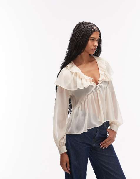 ASOS DESIGN - Cremehvid kappebluse med flæser i chiffon - view 1