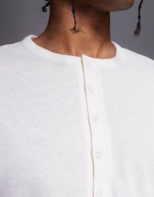 ASOS DESIGN - Cremehvid langærmet T-shirt med henley-hals i hørblanding  , 2 af 4