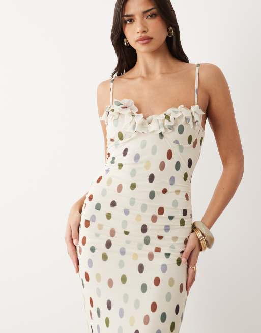 ASOS DESIGN - Cremehvid midikjole i chiffon med stetch og prikker samt flæsedetaljer over brystet, 2 af 4