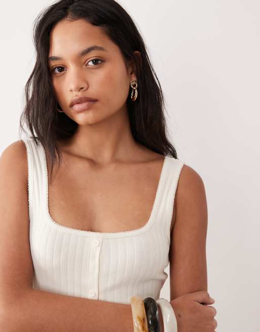 ASOS DESIGN - Cremehvid midikjole med ribber og knapper samt picot-kant, 2 af 4