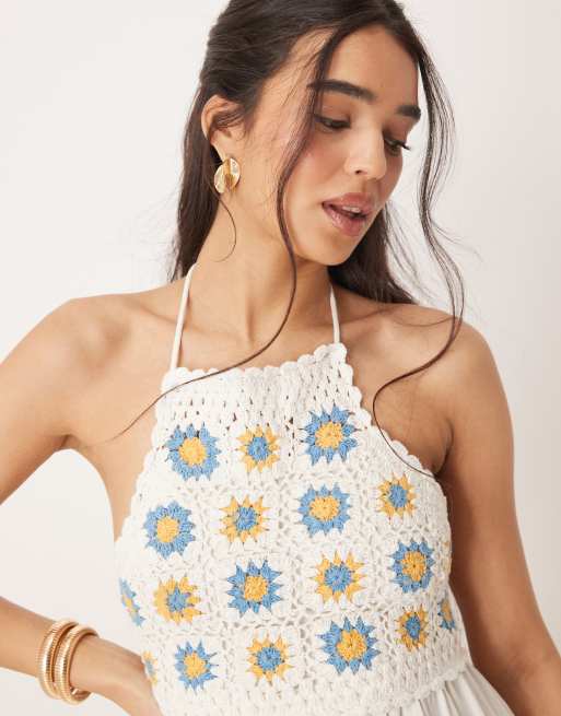 ASOS DESIGN - Cremehvid minikjole med halterneck og hæklet materiale over brystet, 2 af 4