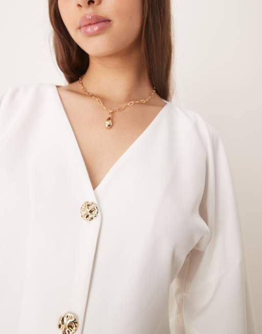 ASOS DESIGN - Cremehvid minikjole med V-hals, tøndeformede ærmer og knapper, 3 af 4