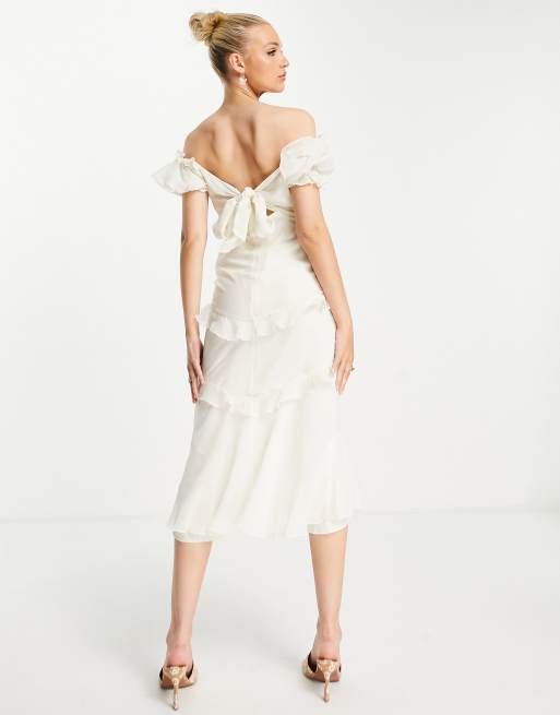 ASOS DESIGN - Cremehvid offshoulder-midikjole med knapper foran og flæser, 2 af 4