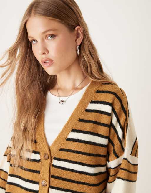 ASOS DESIGN - Cremehvid og karamelfarvet boyfriend-cardigan med striber, 3 af 4