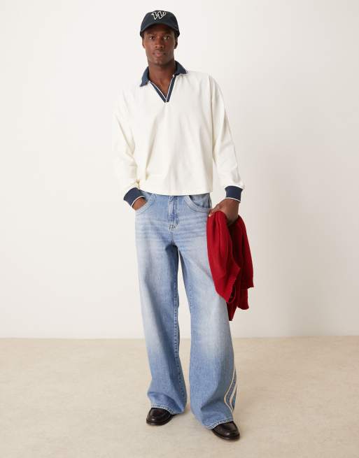 ASOS DESIGN - Cremehvid og langærmet polotrøje med oversized og firkantet pasform og kontrastkrave i kraftigt stof på 240 gsm