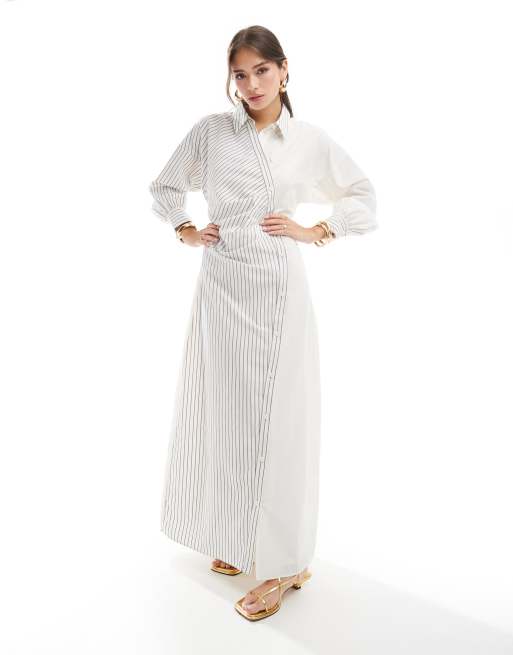 ASOS DESIGN - Cremehvid og rynket maxi-skjortekjole med farveblok og striber, 2 af 4
