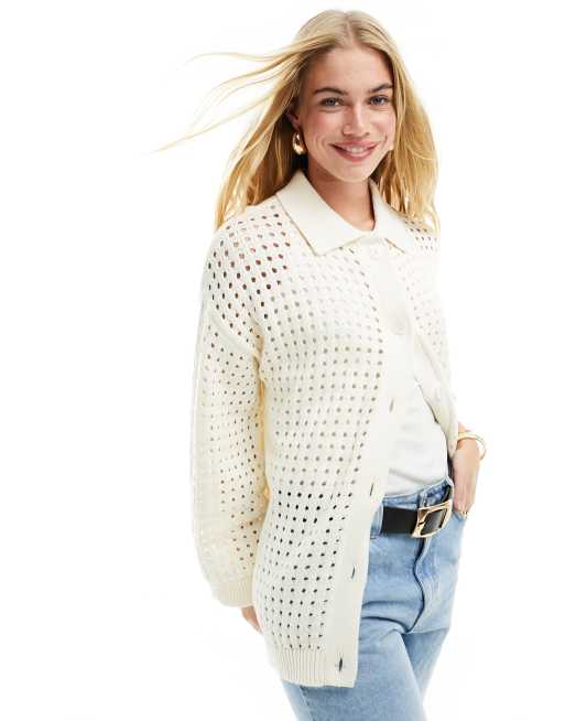 ASOS DESIGN - Cremehvid og strikket skjorte i åben strik med krave