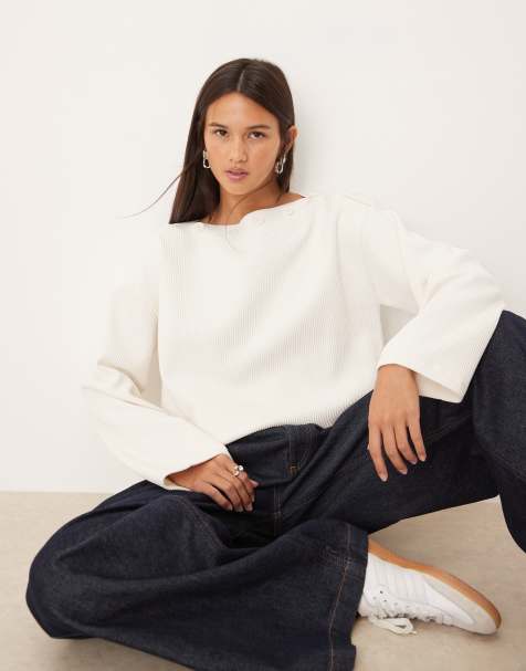 ASOS DESIGN - Cremehvid oversized striktrøje med lange ærmer og knapdetaljer - view 1