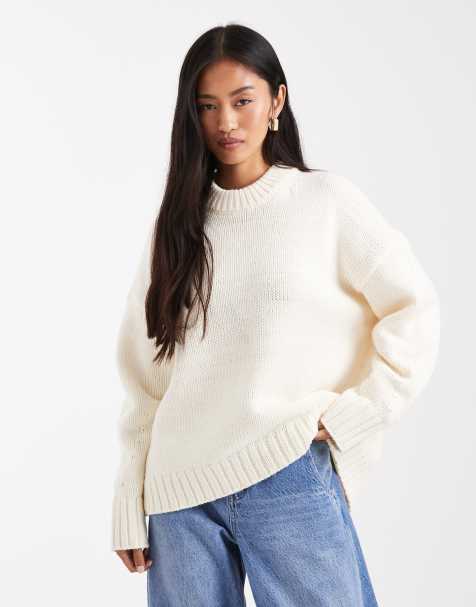 ASOS DESIGN - Cremehvid oversized striktrøje med rund hals og buet kant i glat garn - view 1