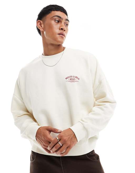 ASOS DESIGN - Cremehvid oversized sweatshirt med sænkede skuldre og print på brystet i firkantet pasform