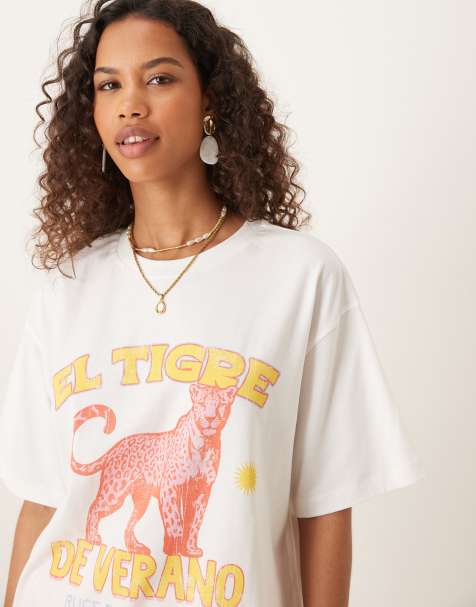 ASOS DESIGN - Cremehvid oversized T-shirt med lyserød tigergrafik - view 1
